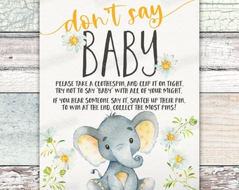 Dont Say Baby Game,  Yellow Elephant Baby Shower, printable INSTANT DOWNLOAD digital file - ye1