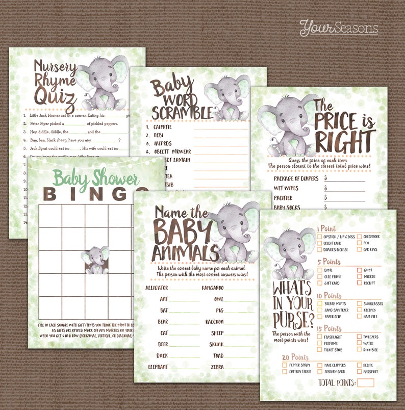 Green Elephant Baby Shower Games Package 16h printable INSTANT DOWNLOAD digital files