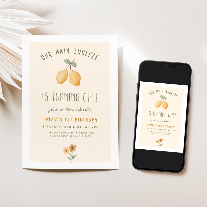 Lemon Birthday Invitation, Main Squeeze Birthday Invite Girl, Editable