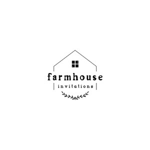 May include: A black and white logo for "Farmhouse Invitations" features a house outline with a window, the text "farmhouse" in a serif font, and the word "invitations" below. A decorative leaf wreath is at the bottom.