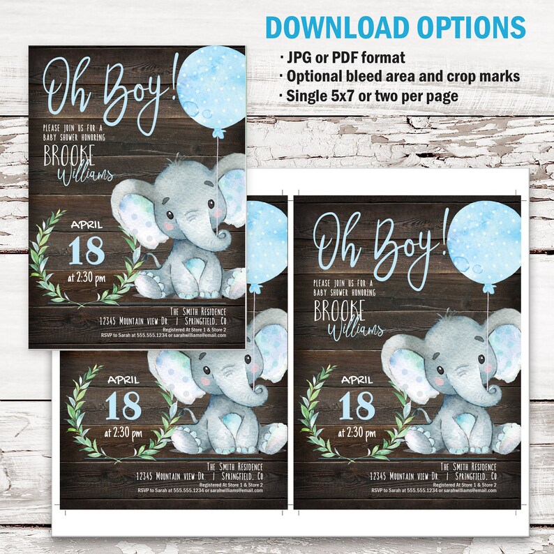 Rustic Baby Shower Invitation Boy Elephant Printable Invite Etsy