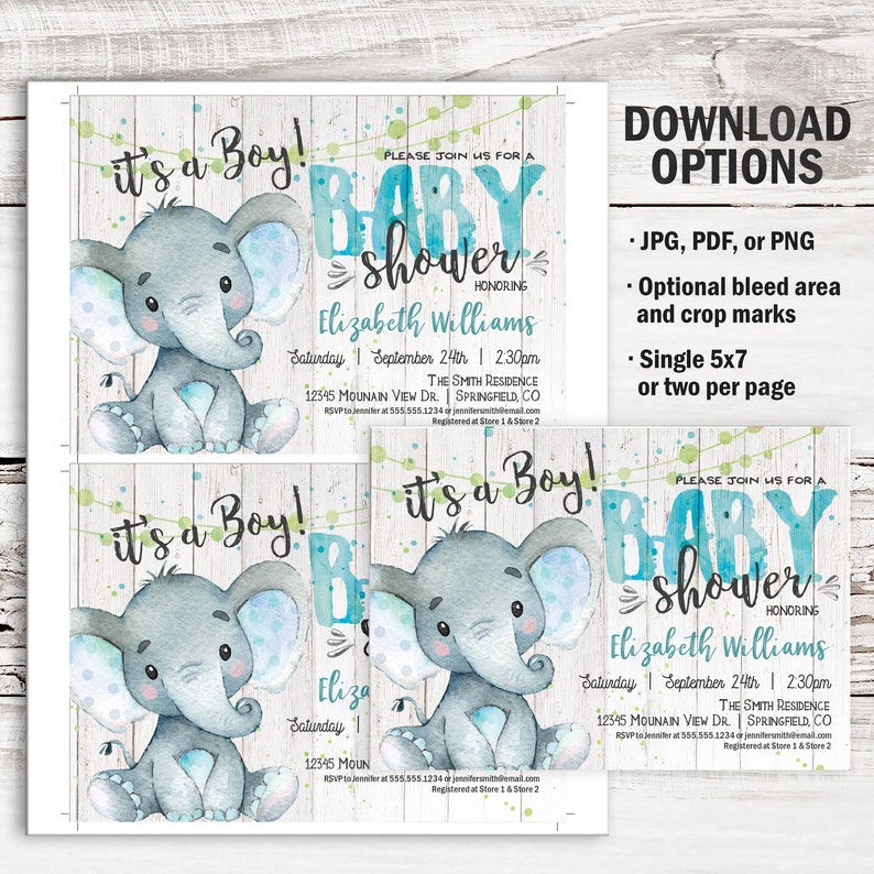 Rustic Baby Shower Invitation Boy Elephant Printable Invite Etsy