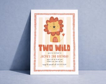 Two Wild 2nd Birthday Invitation | Safari Lion Birthday Invite | Digital Download or Printed