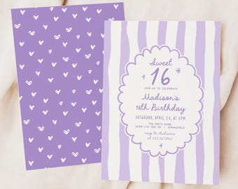 Purple Sweet 16 Birthday Invitation Template | Digital Invite for 16th Birthday Girl | Hand Drawn Vintage Style