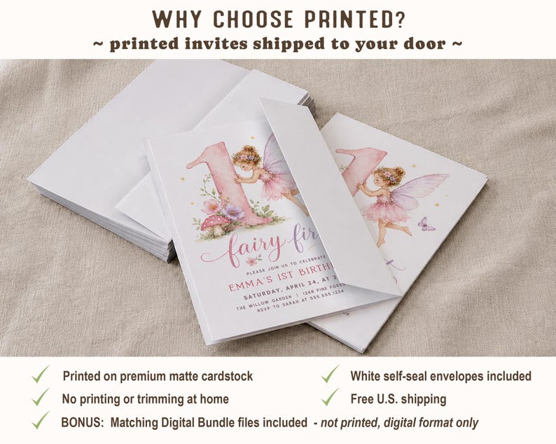 Fairy First Birthday Invitation, Girl Fairytale 1st Birthday Digital Invite or Printed image 3