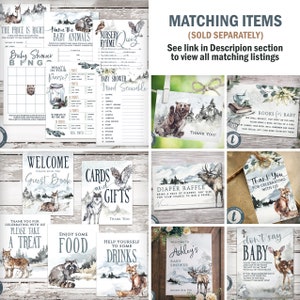 May include: A set of printable baby shower games with a woodland theme. The games include a baby shower bingo card, a what's in your purse game, a nursery rhyme quiz, a baby animal name game, a word scramble, a diaper raffle, a welcome guest book sign, a cards and gifts sign, a thank you for celebrating sign, a please take a treat sign, an enjoy some food sign, a help yourself to some drinks sign, a welcome to Ashley's baby shower sign, and a don't say baby game.