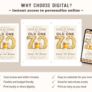 May include: Digital 70th birthday invitation design featuring the text "Come have a cold one with the old one" above a beer mug and the number 70. The invitation is shown on paper and a smartphone.