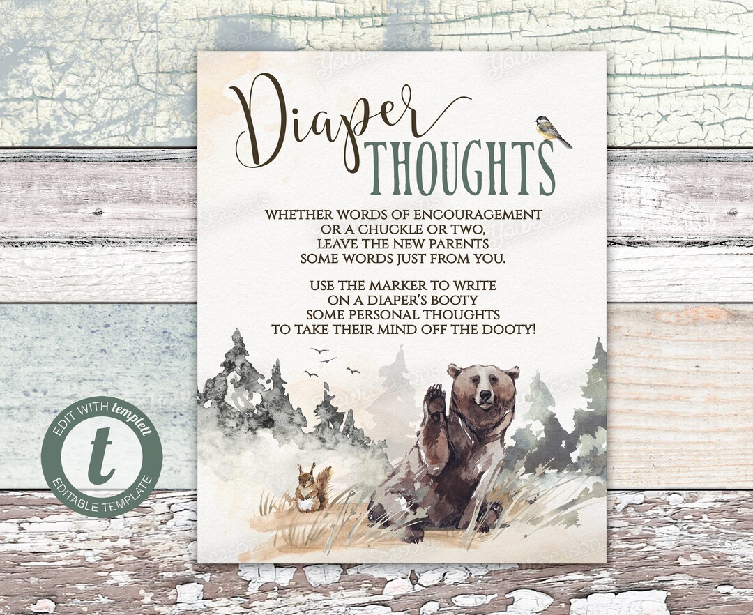 Woodland Diaper Thoughts, Baby Shower Late Night Diapers, Printable ...