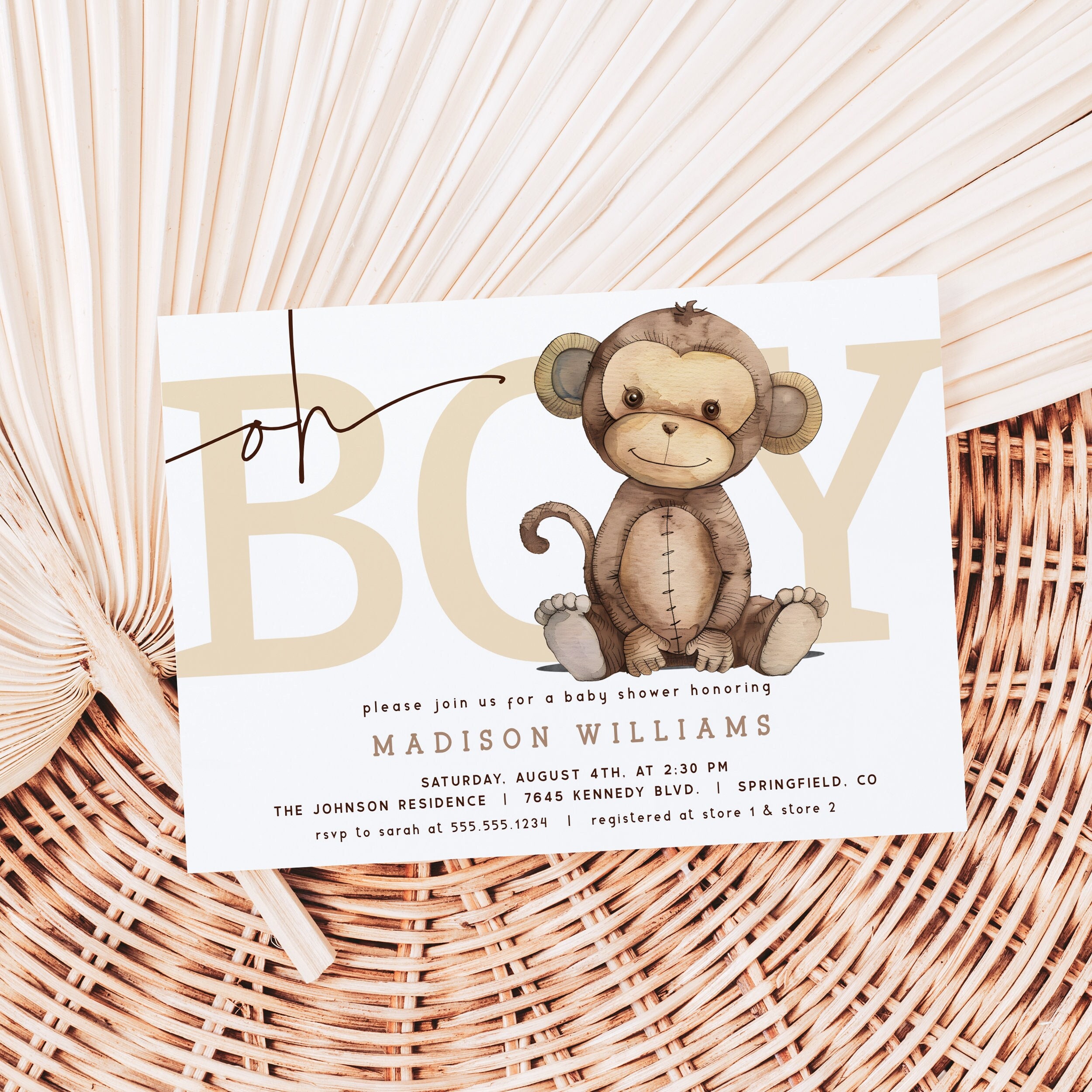 Monkey Baby Shower Invitation Boy, Editable Template Download, Corjl  DIGITAL File - Etsy, image size:2500x2500
