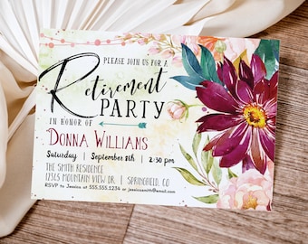 Burgundy Floral Retirement Party Invitation, Editable Template Digital Download, Templett