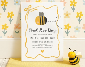 Invitación para el primer cumpleaños de una abeja • Invitación de cumpleaños de abejorro • Plantilla editable de abeja • Descarga instantánea Flores amarillas
