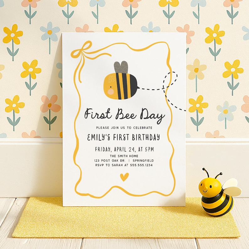 First Bee Day Invite • Bumble Bee 1st Birthday Invitation • Honey Bee Editable Template • Instant Download Yellow Flowers