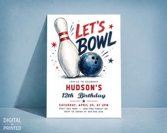 Bowling Birthday Invitation, Boy Bowling Party, Digital or Printed