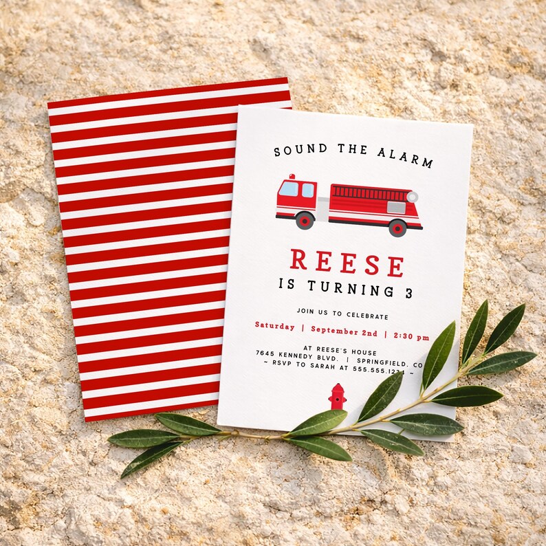 May include: A white invitation card featuring a red fire engine illustration and the words "SOUND THE ALARM". The card announces "REESE IS TURNING 3" with event details. A red and white striped card is behind it.
