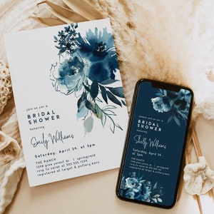 Blue Bridal Shower Invitation, Editable Template Digital Invite, Elegant Invitation Corjl