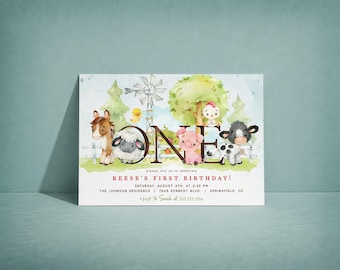 Farm 1st Birthday Invitation Template, Digital Download or Printed Invites