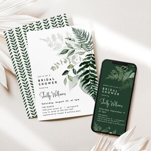 May include: A bridal shower invitation with a botanical design. The invitation features green foliage and the text "join us for a bridal shower honoring Shelly Williams." A smartphone displays the same design.