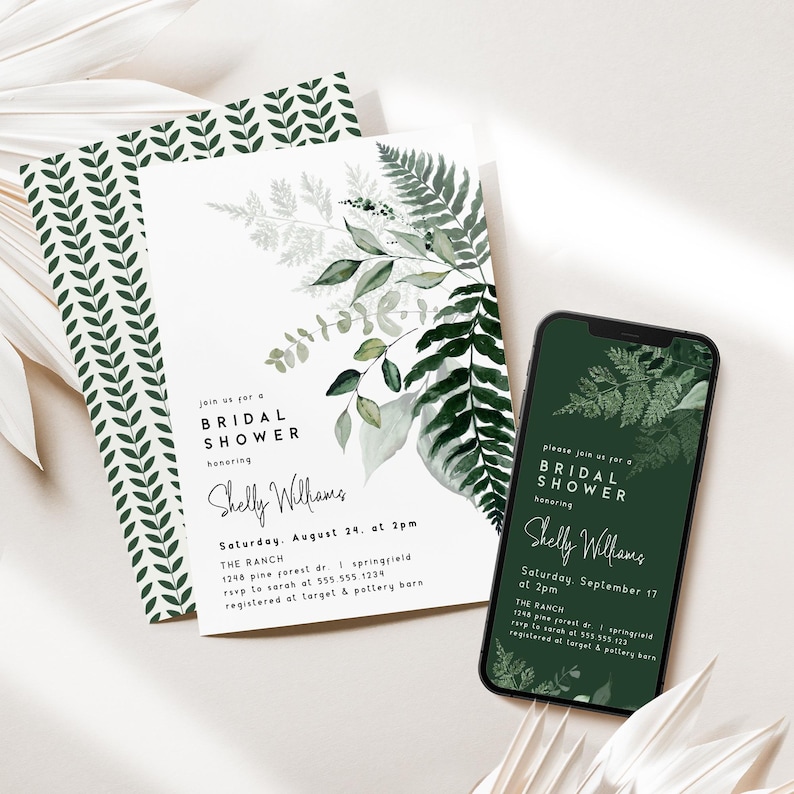 May include: A bridal shower invitation with a botanical design. The invitation features green foliage and the text "join us for a bridal shower honoring Shelly Williams." A smartphone displays the same design.