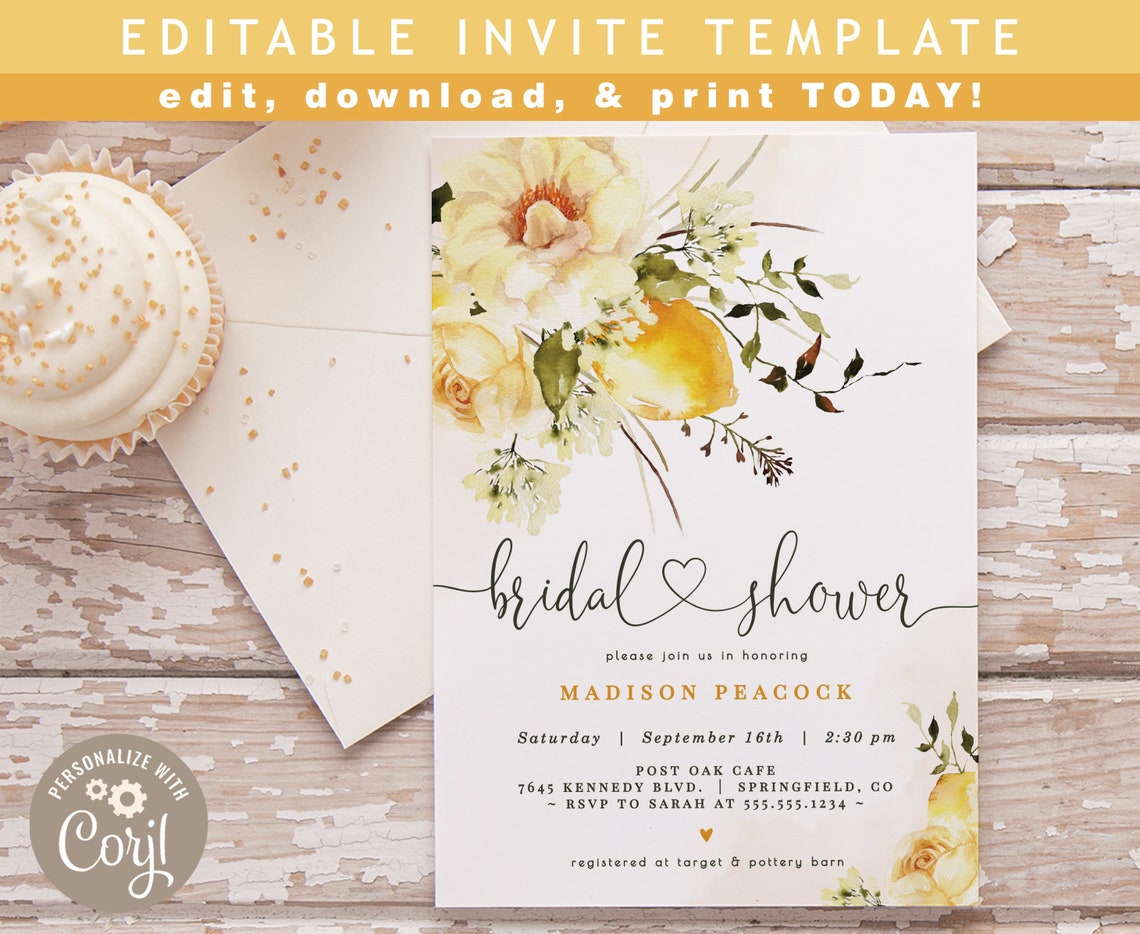 Lemon Bridal Shower Invitation Floral 5x7 invite INSTANT image 1