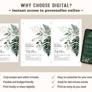 May include: Digital bridal shower invitation design with a botanical theme. The design features green foliage and text. The image includes printed invitations and a smartphone displaying the invitation. The text reads "Why Choose Digital?" and "Bridal Shower".