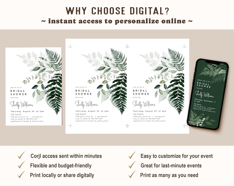 May include: Digital bridal shower invitation design with a botanical theme. The design features green foliage and text. The image includes printed invitations and a smartphone displaying the invitation. The text reads "Why Choose Digital?" and "Bridal Shower".