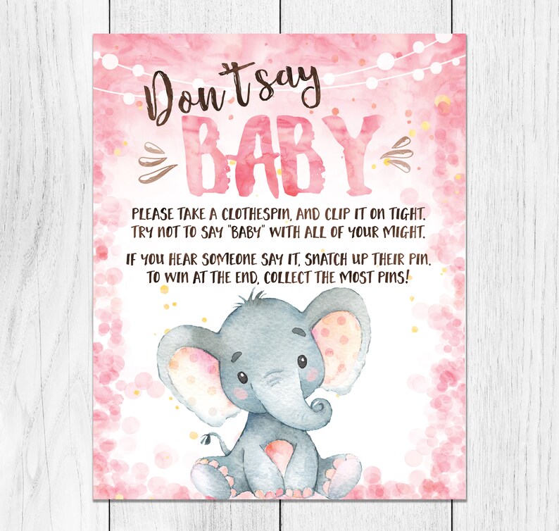 Dont Say Baby Game Pink Elephant Baby Shower printable | Etsy