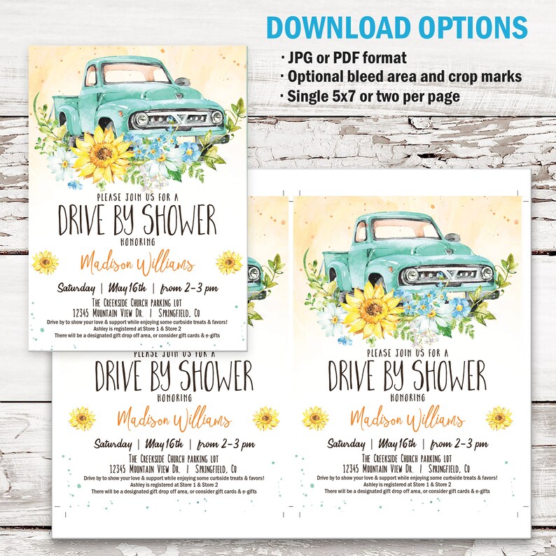 Drive by Shower Invitation Baby or Bridal Sunflower Printable Etsy