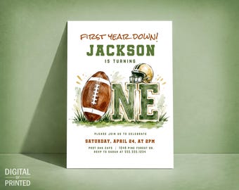 First Year Down Invite, Boy 1st Birthday Football Invitation, Digital or Printed
