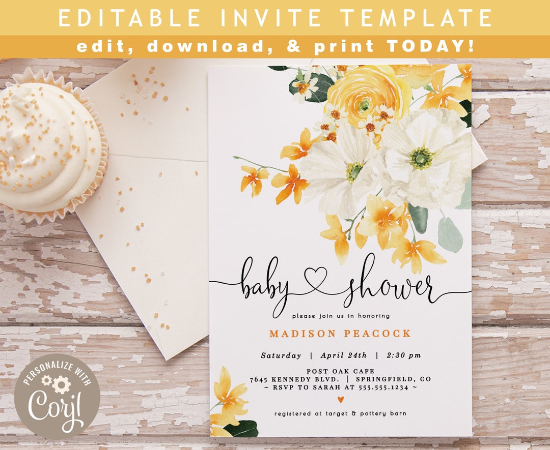 Yellow and White Baby Shower Invitation, 5x7 Invite INSTANT DOWNLOAD
