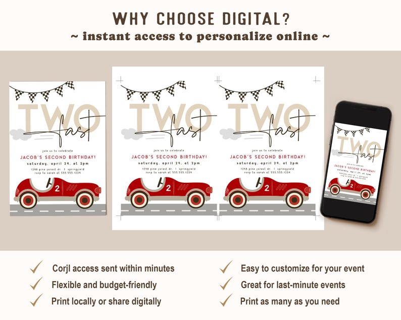 Two Fast Birthday Invitation, Boy 2nd Birthday Race Car Invite, Digital Download or Printed bild 5