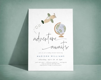 Adventure Awaits Baby Shower Invitation, Airplane Editable Template, Printed or Digital Invite