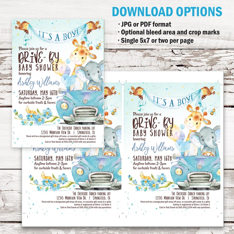 Drive by Baby Shower Invitation Boy Animals Blue Printable Etsy
