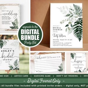 May include: A digital party set for a bridal shower, featuring a welcome sign, invitation, advice card, and other elements. The designs include botanical illustrations and the text "Ashley's Bridal Shower". The set is available in digital format only.