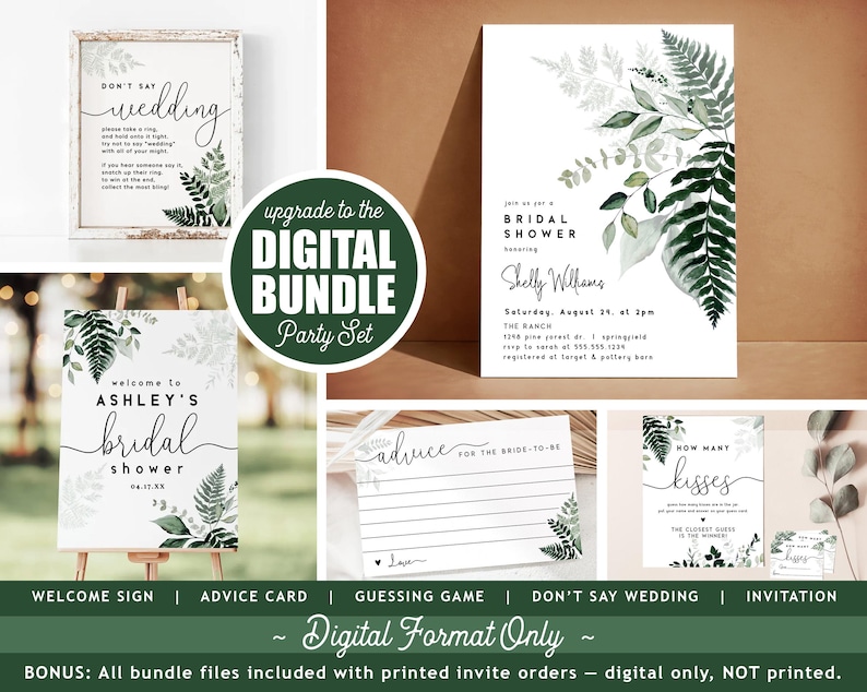 May include: A digital party set for a bridal shower, featuring a welcome sign, invitation, advice card, and other elements. The designs include botanical illustrations and the text "Ashley's Bridal Shower". The set is available in digital format only.