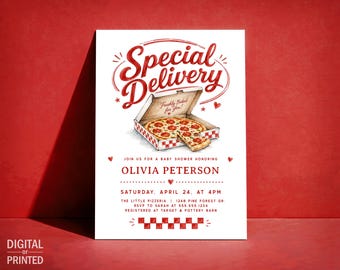 Może przedstawiać: Biała prostokątna karta z zaproszeniem na baby shower z akwarelową ilustracją pizzy w pudełku, tekstem Special Delivery, Freshly Baked for You, Olivia Peterson, sobota 24 kwietnia o 16:00 oraz szczegółami wydarzenia.