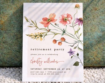 Retirement Party Invitation Template, Printed or Digital Invite, Wildflower Garden