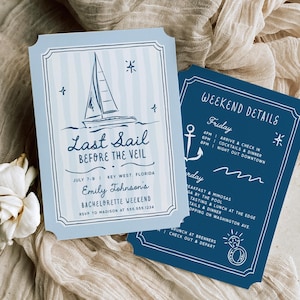 Pode incluir: Dois cartões de convite com tema náutico. Um cartão azul claro apresenta uma ilustração de veleiro e o texto "Last Sail Before The Veil". O segundo cartão azul escuro lista os detalhes do fim de semana com uma âncora.