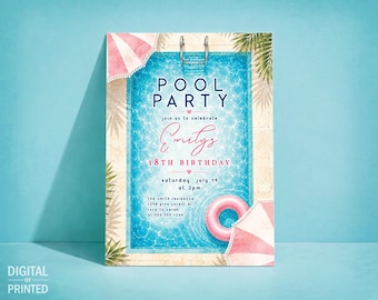 May include: A rectangular invitation card featuring a watercolor swimming pool with blue water, a metal ladder, palm leaves, and pink and white striped umbrellas. The text reads POOL PARTY, join us to celebrate Emily's 18TH BIRTHDAY, saturday, july 14 at 2pm, the smith residence, 1248 pine forest dr, rsvp to sarah at 555.555.1234.