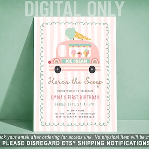 Ice Cream “Here’s the Scoop” Digital Invite • Sweet One Birthday Invitation • Digital or Printed, ic1 DIGITAL only