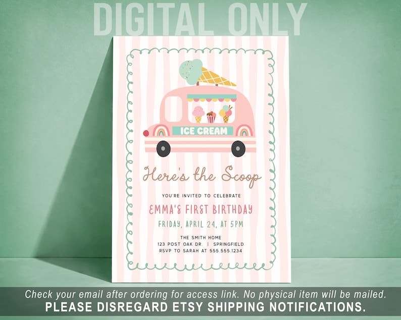 Ice Cream “Here’s the Scoop” Digital Invite • Sweet One Birthday Invitation • Digital or Printed, ic1 DIGITAL only