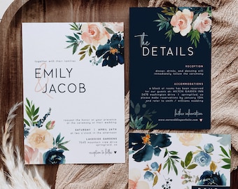 May include: Wedding invitation suite with a navy blue and floral design. The invitation features the names Emily & Jacob, the date and time of the wedding, and the location. The details card includes information about the reception, accommodations, and further information.