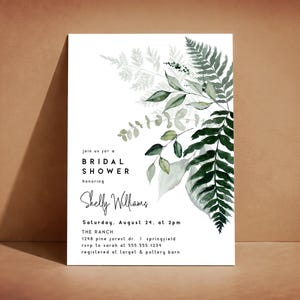 Bridal Shower Invitation Template, Ferns Theme Digital Invite or Printed