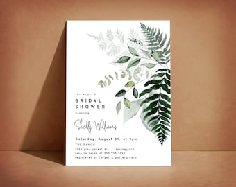 Bridal Shower Invitation Template, Ferns Theme Digital Invite or Printed