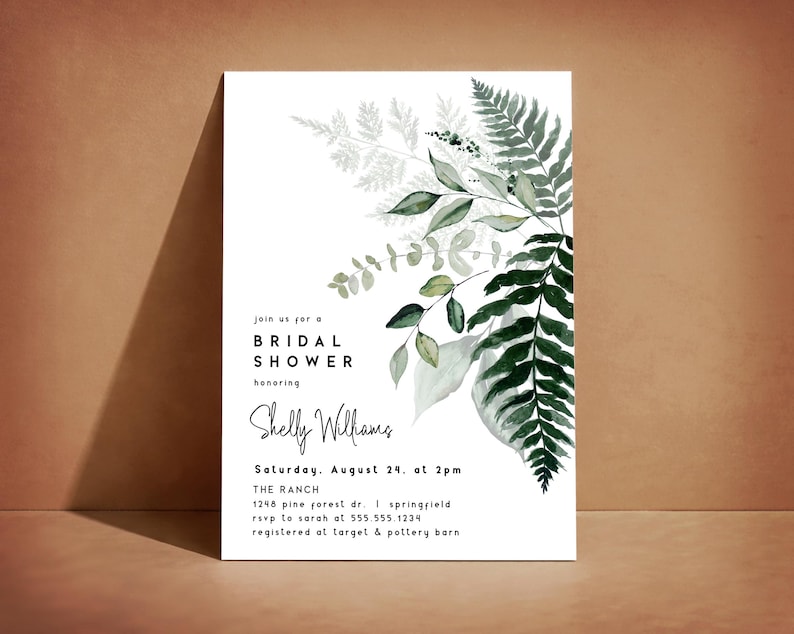 Bridal Shower Invitation Template, Ferns Theme Digital Invite or Printed