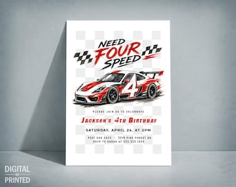 Need Four Speed 4th Birthday Invitation Boy, Race Car Digital Invite or Printed