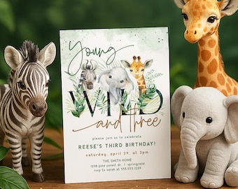 Safari 3rd Birthday Invitation: Young, Wild & Three (Digital Invite 5x7" Template)