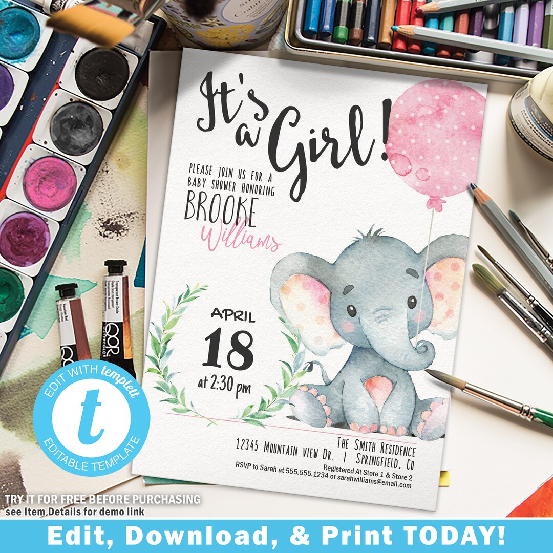 Girl Elephant Baby Shower Invitation, Pink Printable Invite | INSTANT ...