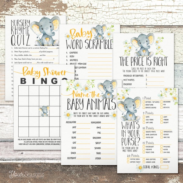 Yellow Elephant Baby Shower Games Package, printable INSTANT DOWNLOAD digital files, ye1