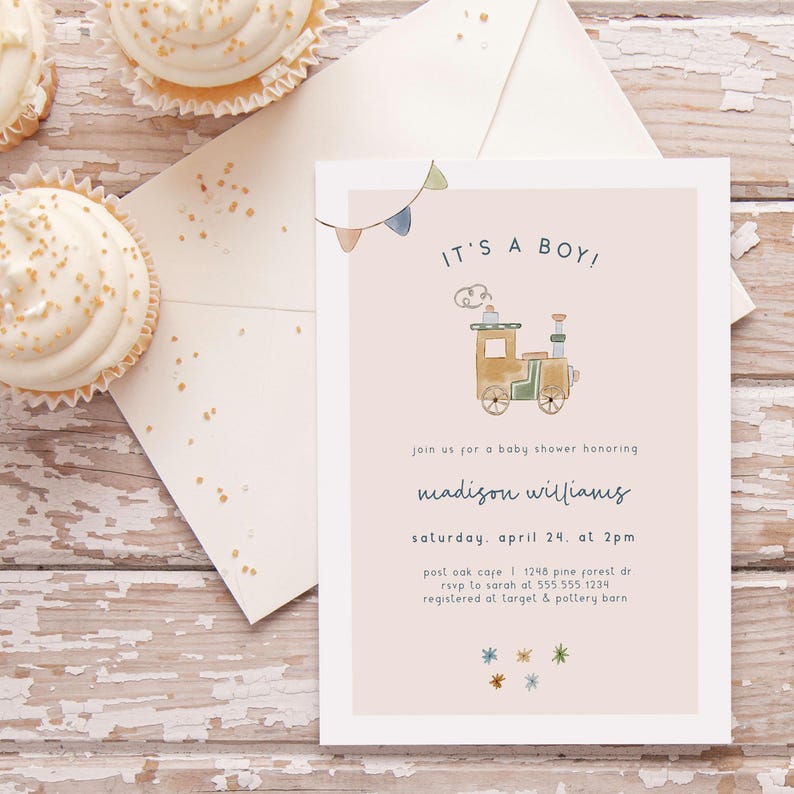 May include: A pink baby shower invitation with a cartoon train illustration. The invitation reads "It's a Boy!" and includes the text "Join us for a baby shower honoring Madison Williams, Saturday, April 24, at 2pm, Post Oak Cafe, 1248 Pine Forest Dr, RSVP to Sarah at 555-555-1234, Registered at Target & Pottery Barn."