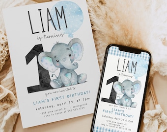 Elephant 1st Birthday Invitation: Blue Balloon, Editable Template (Digital Download)